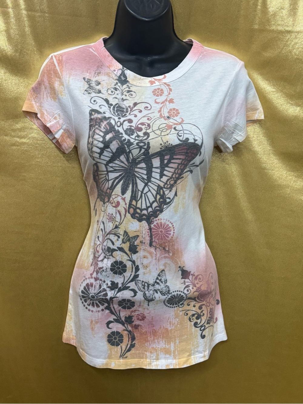 BCG Y2K Butterfly Graphic Tee • Pastel Watercolor Floral Top S